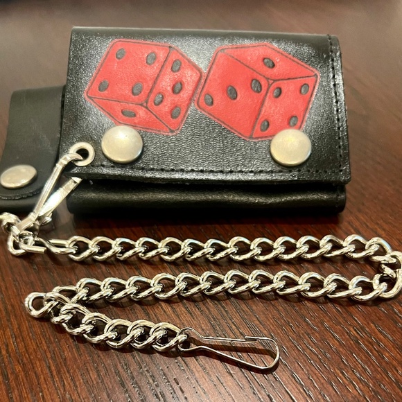 Leather Biker Wallet With Chain Trifold - Dice Screen Print on the Wallet - NEW - Picture 3 of 4